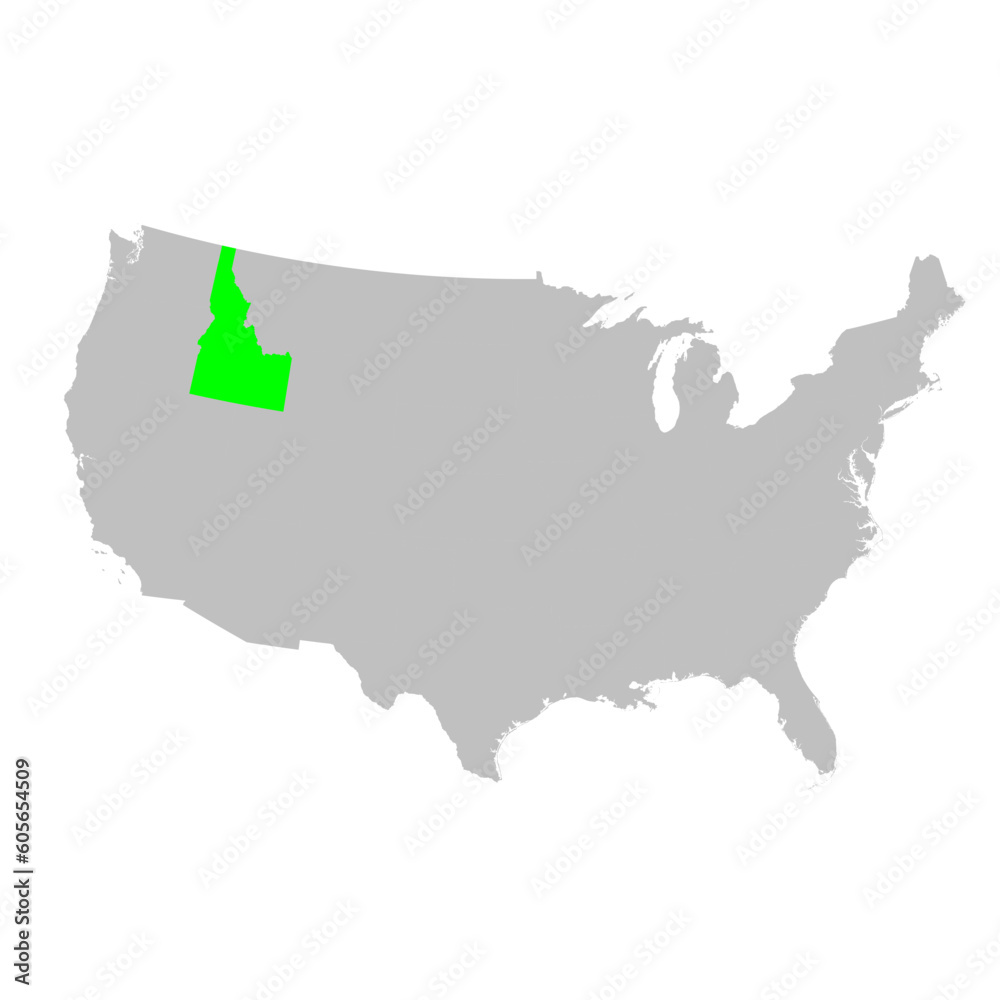 Vector map of the state of Idaho highlighted in Green on a map of the United States of America. Vector map of the state of Idaho highlighted in Green on a map of the United States of America.