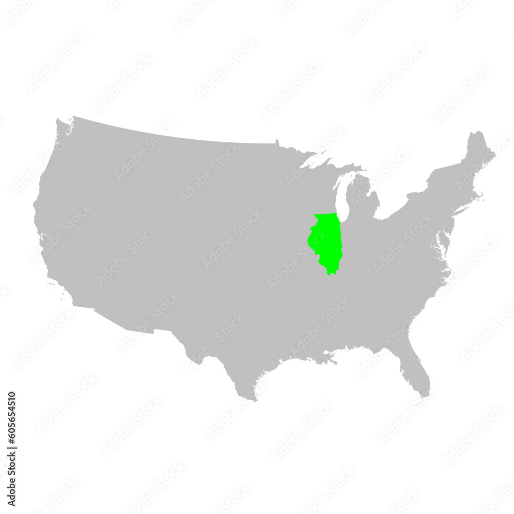Vector map of the state of Illinois highlighted in Green on a map of the United States of America.