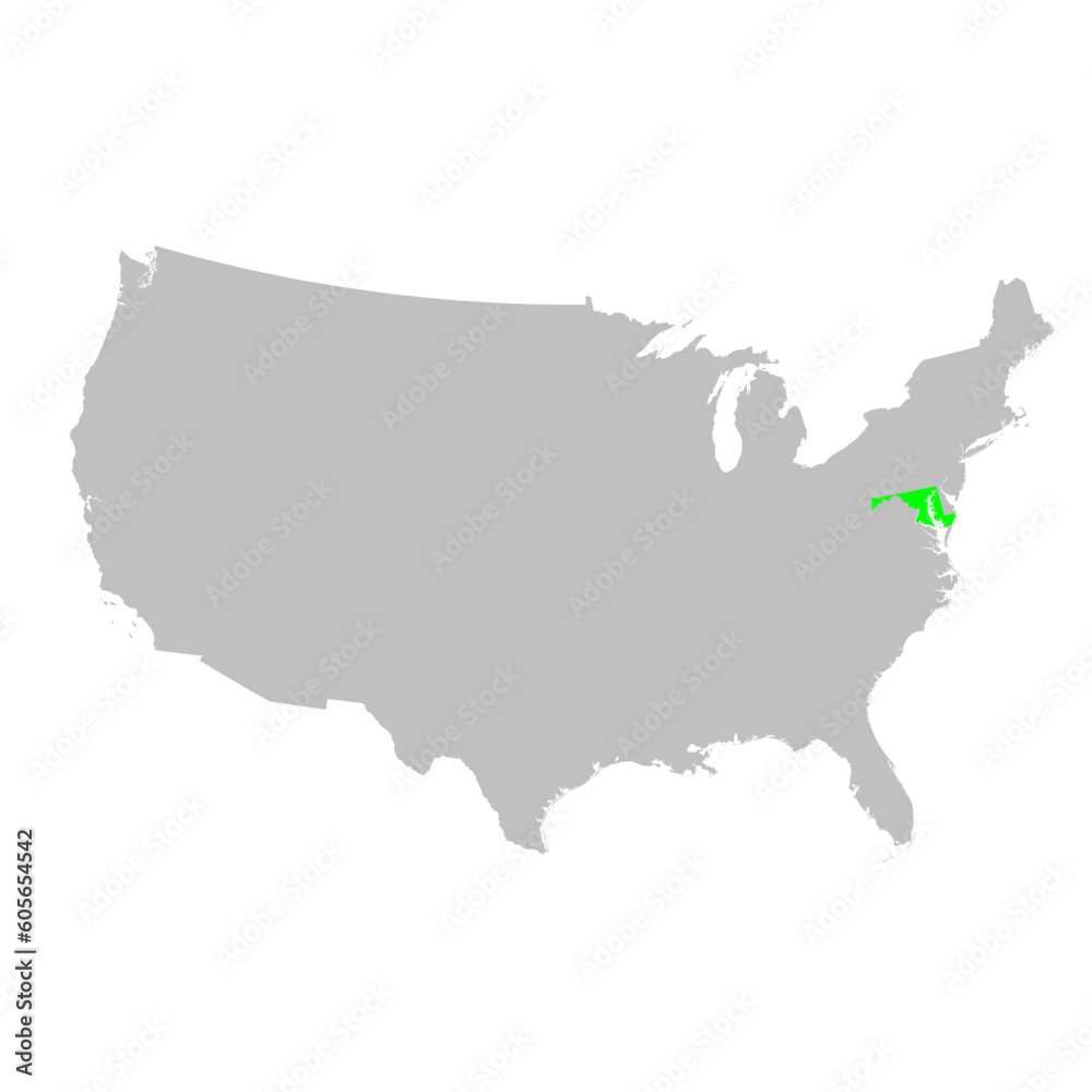Fototapeta premium Vector map of the state of Maryland highlighted in Green on a map of the United States of America.