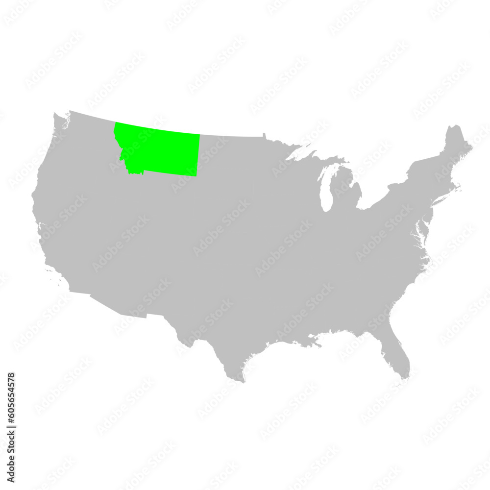 Vector map of the state of Montana highlighted in Green on a map of the United States of America.