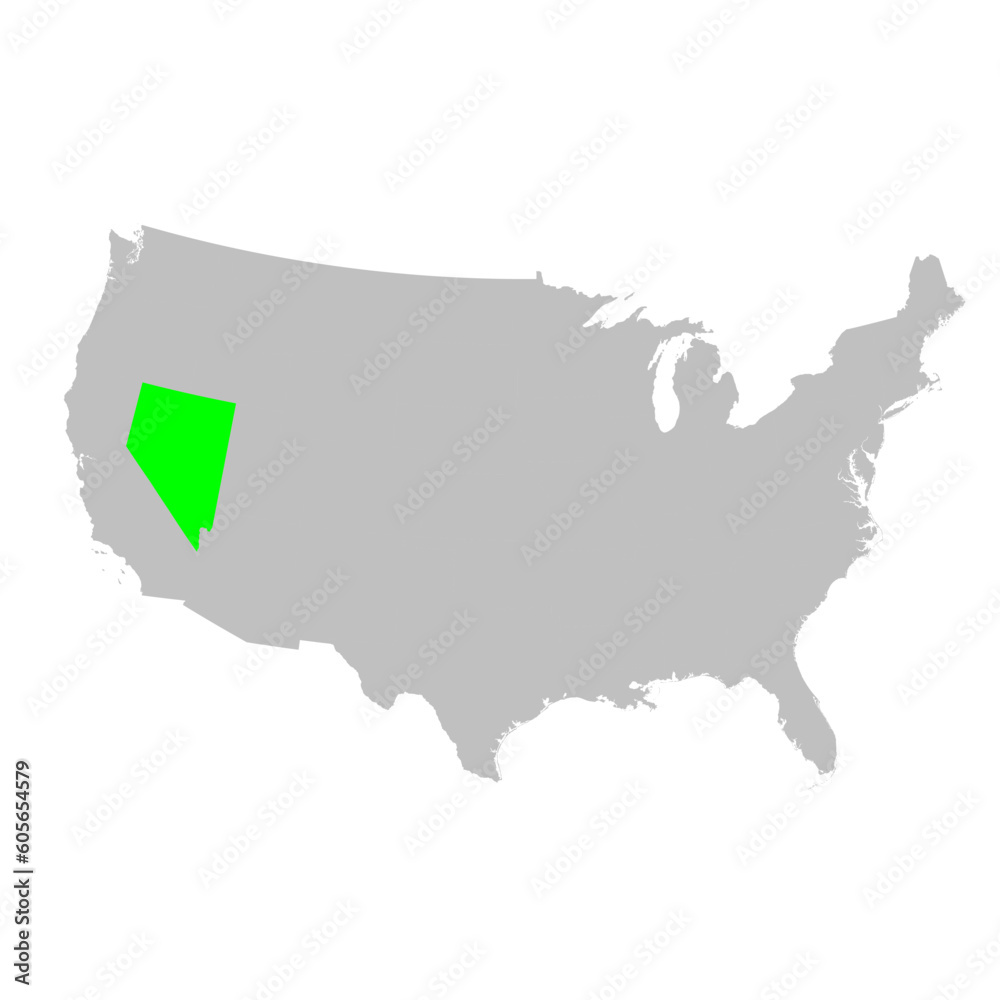 Vector map of the state of Nevada highlighted in Green on a map of the United States of America.