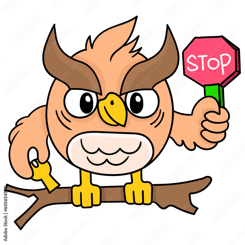 Vector of owl standing on a branch holding a stop sign Vector of owl standing on a branch holding a stop sign