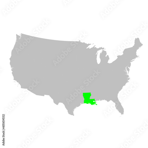 Vector map of the state of Louisiana highlighted in Green on a map of the United States of America.