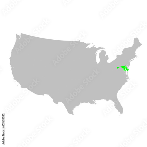 Vector map of the state of Maryland highlighted in Green on a map of the United States of America.