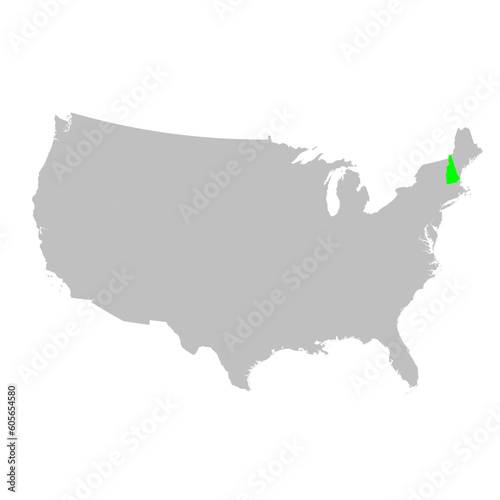 Vector map of the state of New Hampshire highlighted in Green on a map of the United States of America.