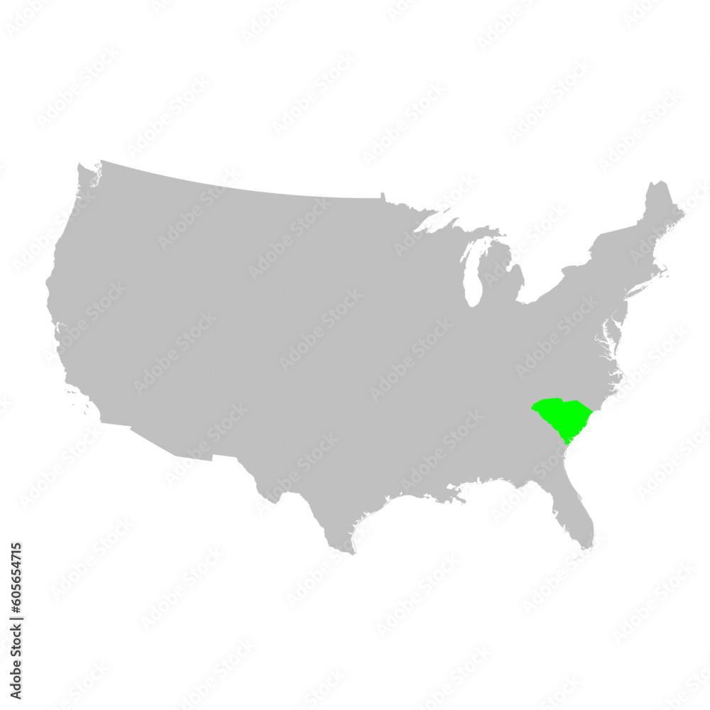 Vector map of the state of South Carolina highlighted in Green on a map of the United States of America. Vector map of the state of South Carolina highlighted in Green on a map of the United States of America.
