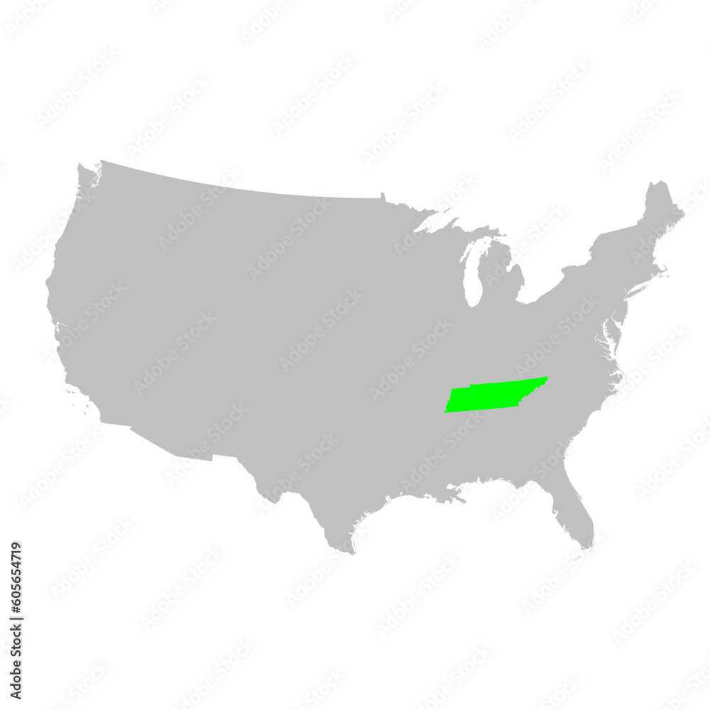 Vector map of the state of Tennessee highlighted in Green on a map of the United States of America.