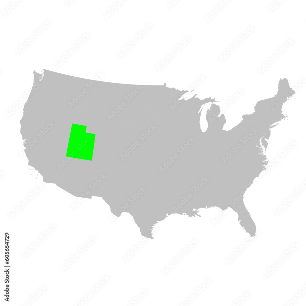 Vector map of the state of Utah highlighted in Green on a map of the United States of America.