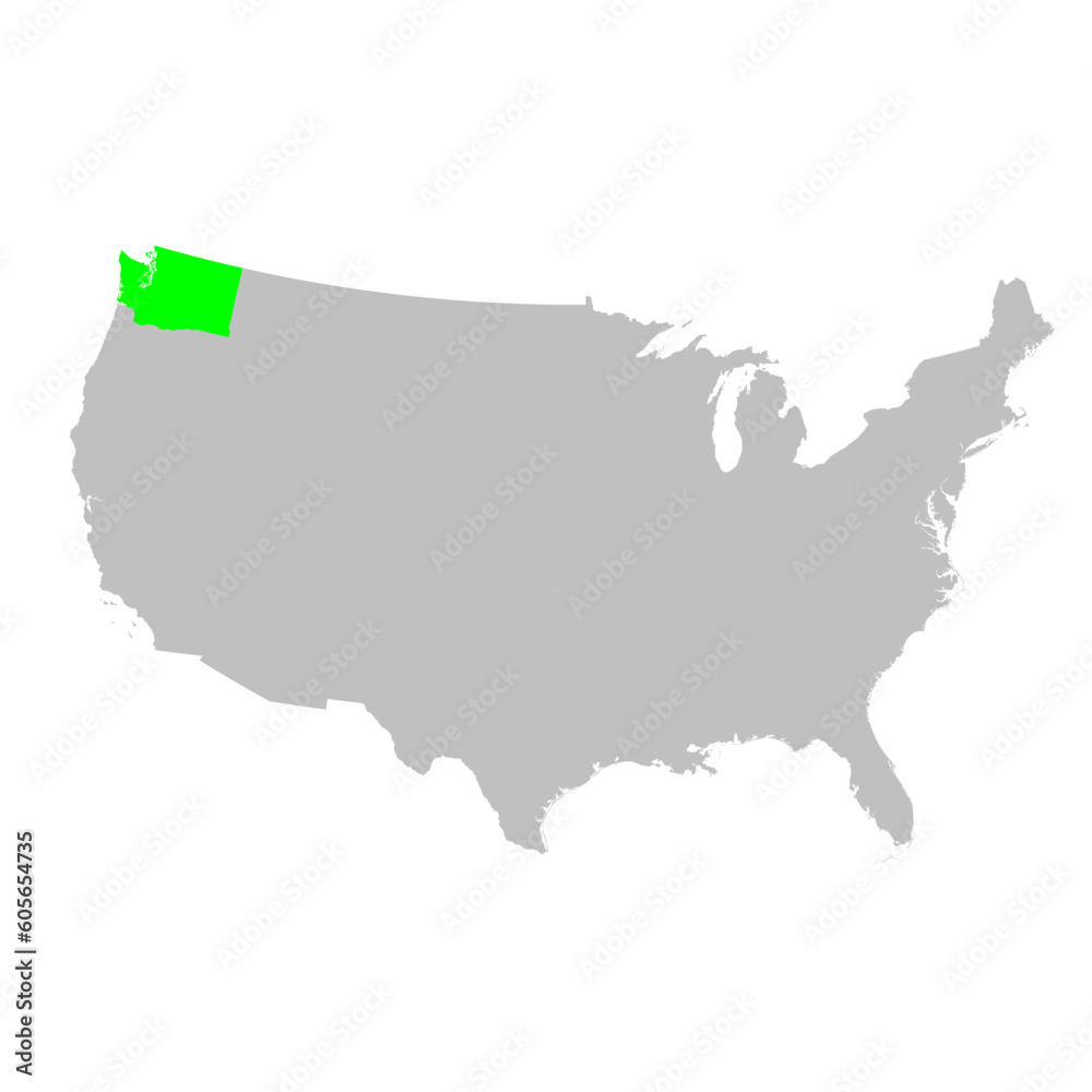 Vector map of the state of Washington highlighted in Green on a map of the United States of America.