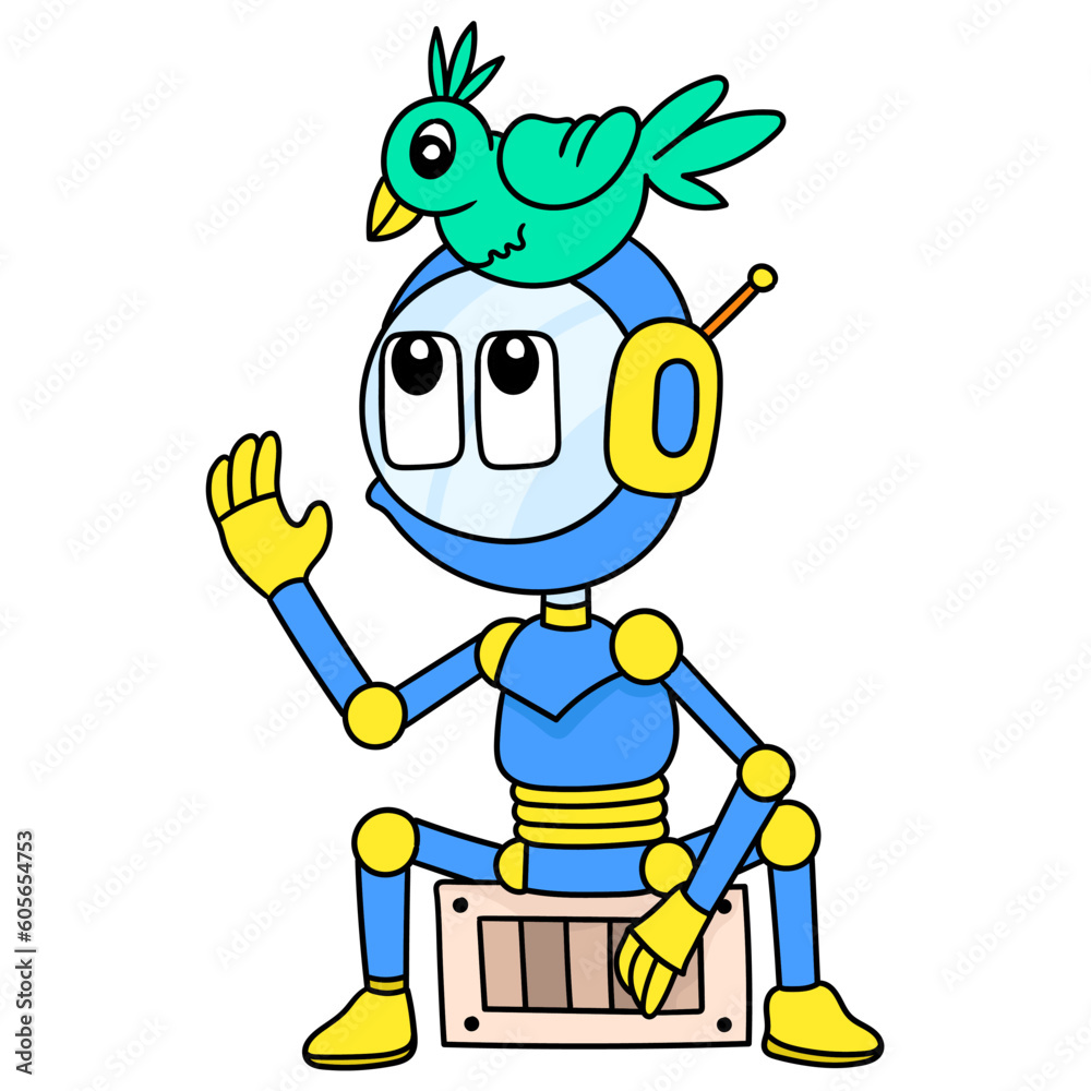 Creative illustration of a cartoon robot sitting on a box with a bird on its head