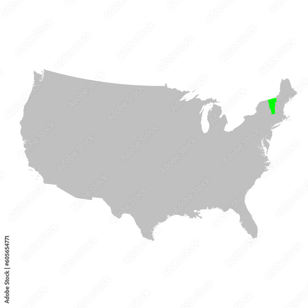Vector map of the state of Vermont highlighted in Green on a map of the United States of America.