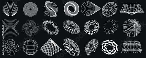 Retrofuturistic 3D shapes, sci-fi circle geometric shapes elements, mesh.Cyberpunk elements in vector.