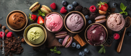 Gourmet summer dessert of artisanal or craft ice cream made with fresh berries, macaroons, pistachio nuts and chocolate. Generative AI