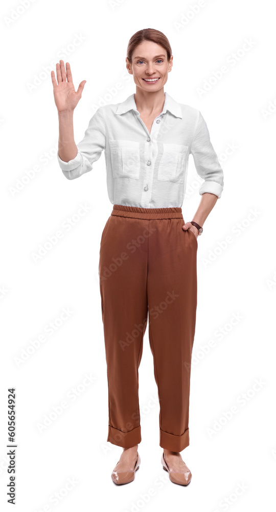 Beautiful happy businesswoman welcoming on white background Beautiful happy businesswoman welcoming on white background