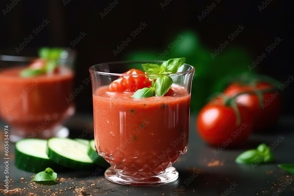 Italian red tomato cold gazpacho soup in glass, with cucumber, onion, Basil. Generative AI Italian red tomato cold gazpacho soup in glass, with cucumber, onion, Basil. Generative AI