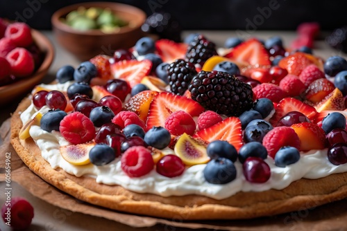 Greek yogurt granola fruit breakfast pizza. Generative AI