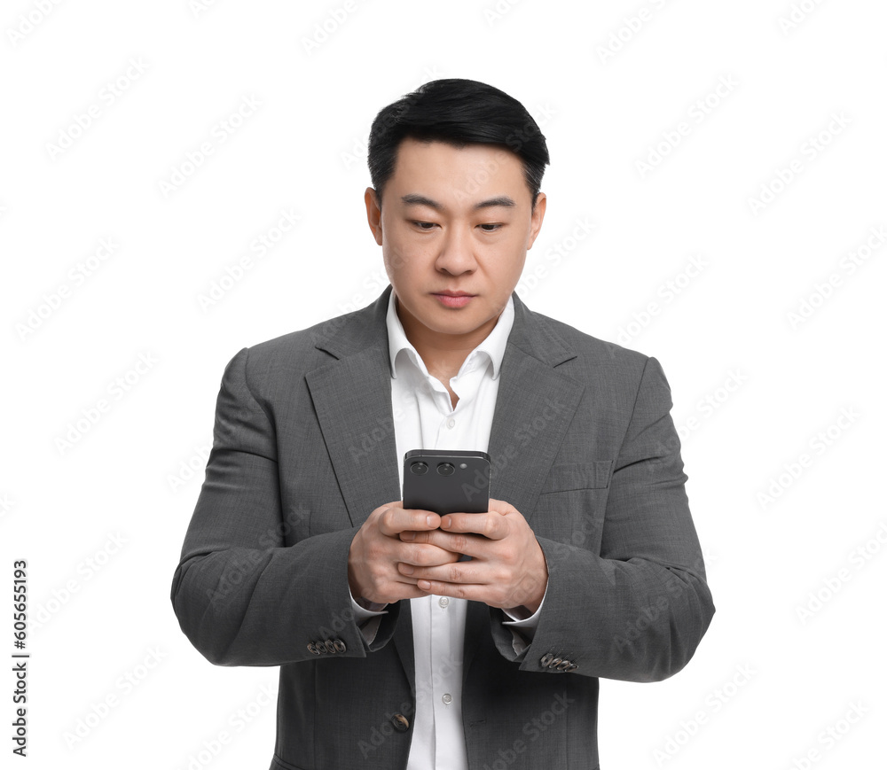 Businessman in suit using smartphone on white background Businessman in suit using smartphone on white background