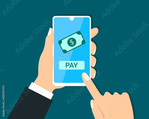 Concept of digital payment, electronic payment illustrated with a woman paying on her phone