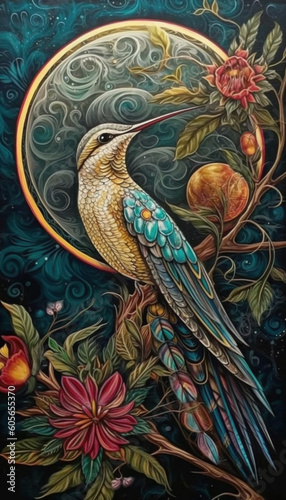 Painting in Asian and Oriental styles, oil painting of fabulous birds on a branch and in flowers against the backdrop of the moon. Generative AI