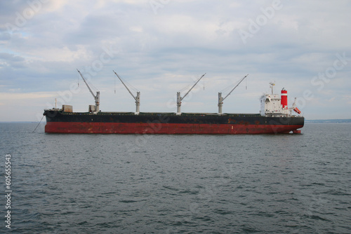 Large bulk carrier ship sailing in the Baltic sea. Freight transportation.