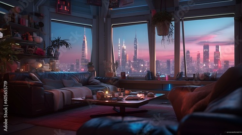 Concept art illustration of apartment living room interior in cyberpunk style. with a view to a cyberpunk city. © roei