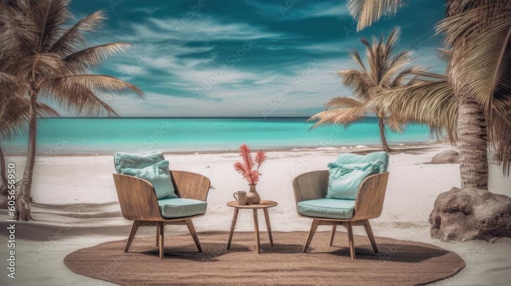 two chairs on the beach, ai generative