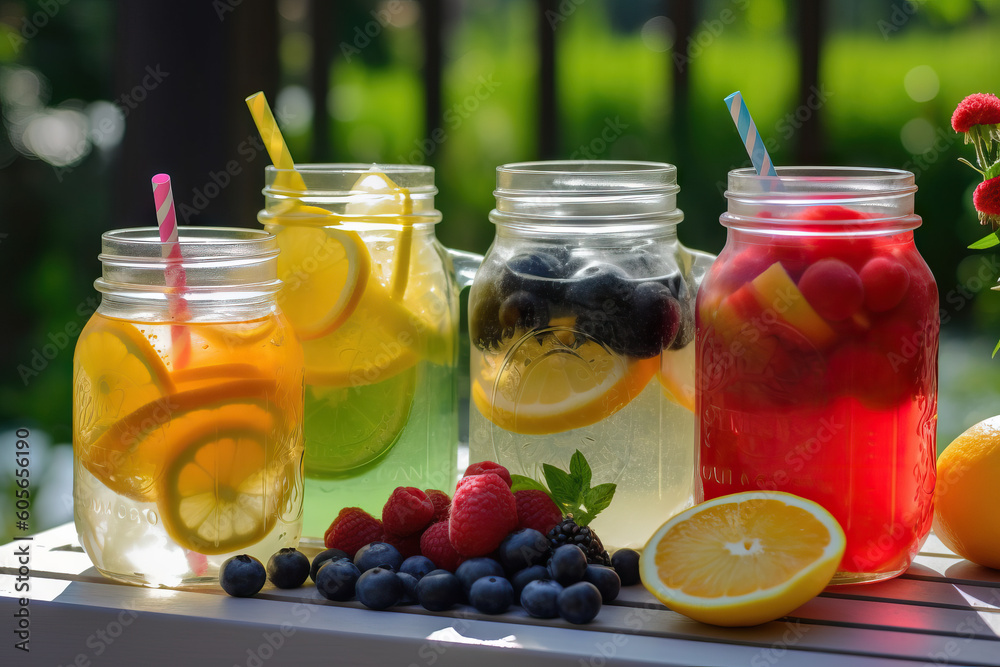 Variety of lemonade in jars. Generative AI Variety of lemonade in jars. Generative AI