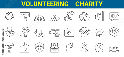 Volunteering and charity web icons in line style. Donate, donor, Social activities, care, help, support, collection. Vector illustration. Social activities
