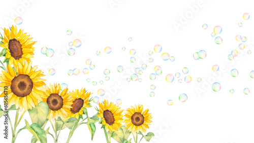 ひまわりの花とシャボン玉の背景素材水彩イラスト