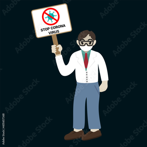 Illustration of a doctor wearing a mask and holding a stop corona virus sign