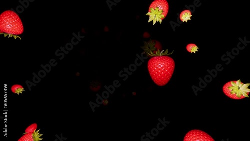 strawberry zoom in animation with fruits arround shoowing from darkness