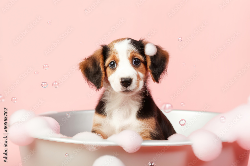 Cute dog taking a bath. The dog is sitting in a bubble bath, dog