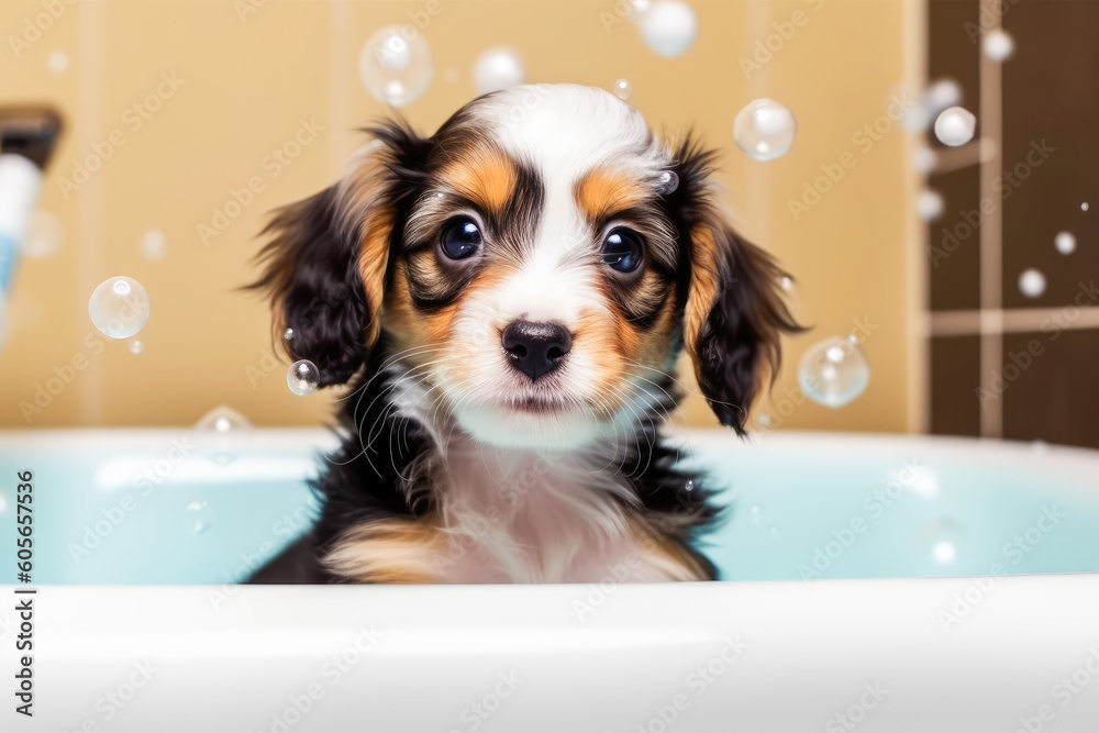 Cute dog taking a bath. The dog is sitting in a bubble bath, dog