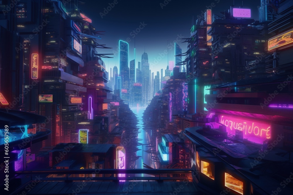 3d render of a cyberpunk landscape neon color futuristic 
