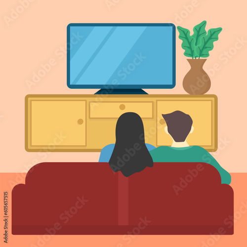 Vector illustration man and woman watching tv in the living room