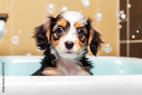 Cute dog taking a bath. The dog is sitting in a bubble bath, dog grooming concept. Generative AI.