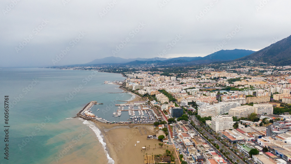 Aerial view on Coast of Alboran Sea, Buildings and Resorts in Marbella, Spain 