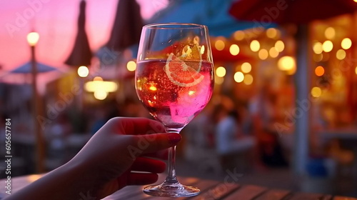  glass of champagne in hand on evening pink sunset summer beach restaurant ,candle blurred light on table in itali beach , romantic couple silhouette,generated ai