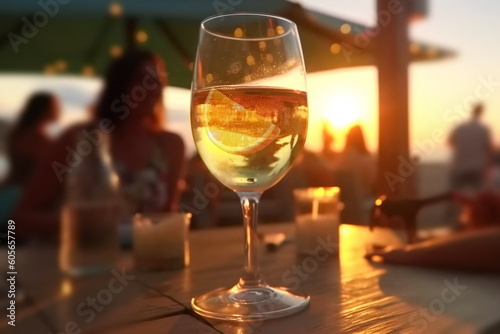  glass of champagne in hand on evening pink sunset summer beach restaurant ,candle blurred light on table in itali beach , romantic couple silhouette,generated ai