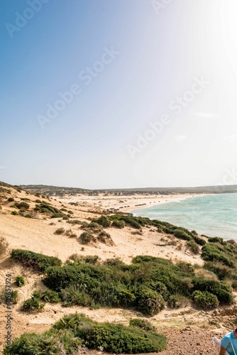 Vertical shot of a sunny rocky seashore on a summer day in Kef Abbed  Tunisia