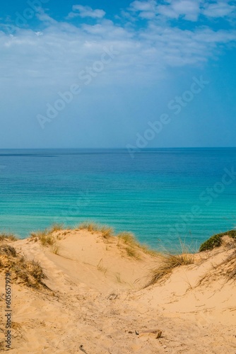 Vertical aerial view of a beautiful seashore with a rocky cliff in Kef Abbed, Tunisia