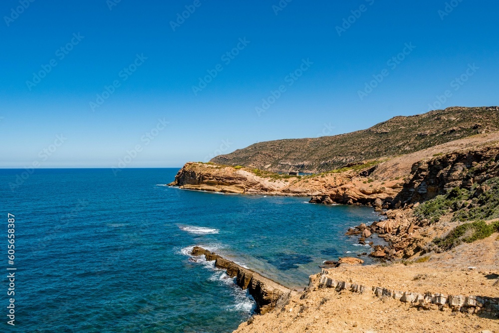 Beautiful seascape with rocky cliffs on the coast of Korbous, Tunisia