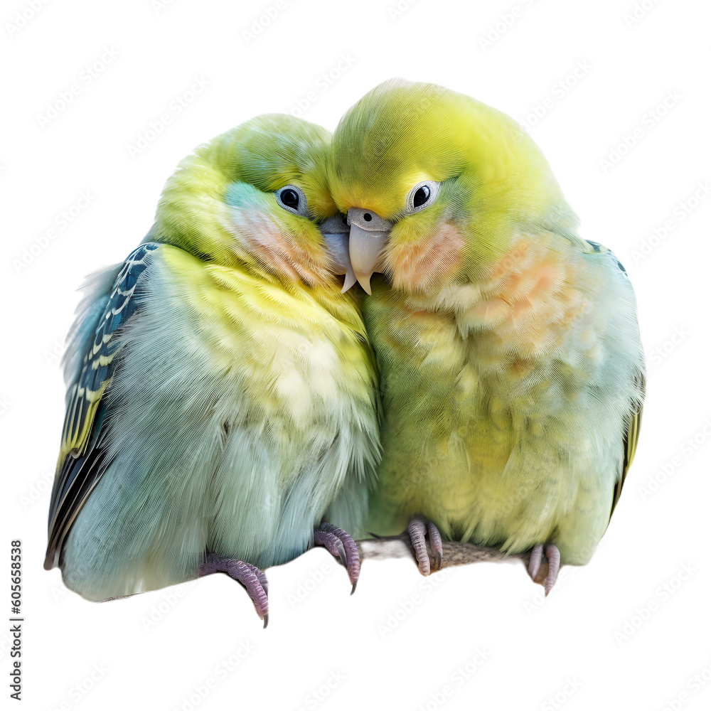 Cute parakeet birds cuddling up together made with generative AI - transparant background - png