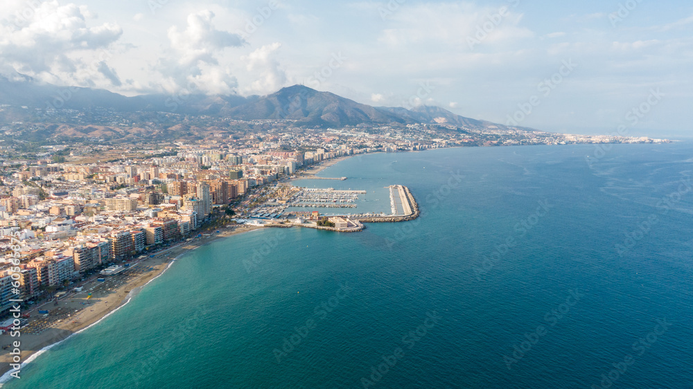 Fuengirola Spain, Aerial view on Coast of sea and buildings. Drone photo of coastal town