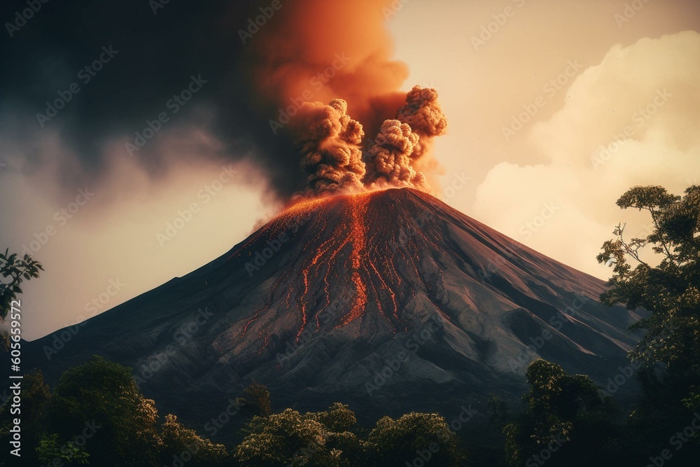Volcano erupting in serene surroundings. Generative AI