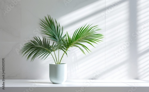Minimal  modern white marble stone counter table  tropical monstera plant tree in sunlight on green wall background for luxury fresh organic cosmetic  skin care  beauty treatment product Conceived by 