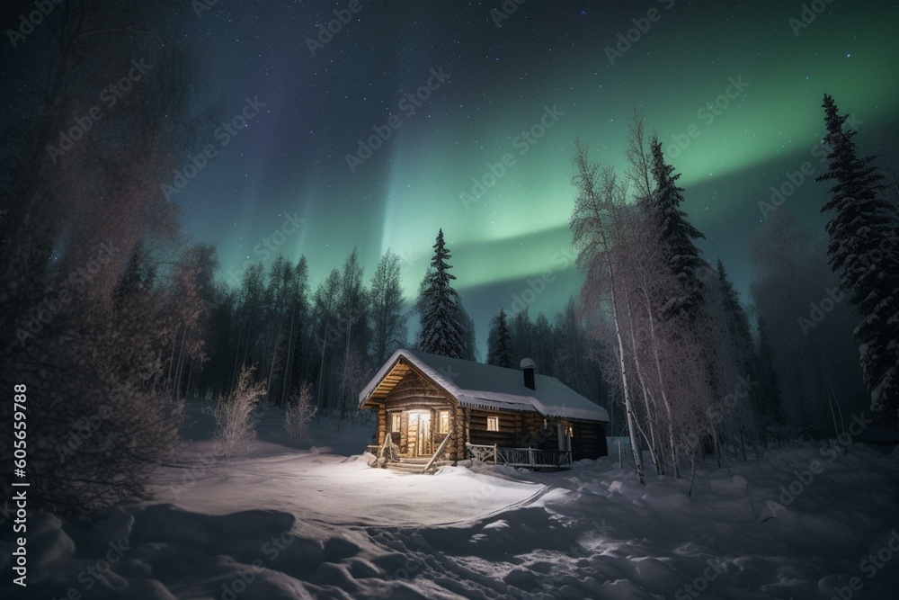 Stunning northern lights in winter night sky over cozy wooden cabin ...