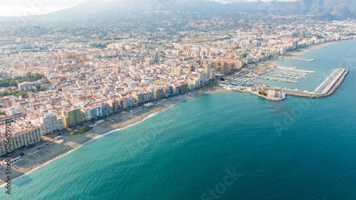 Fuengirola Spain, Aerial view on Coast of sea and buildings. Drone photo of coastal town