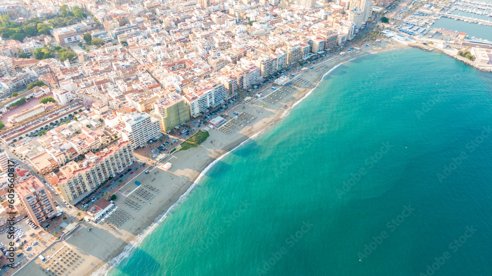 Fuengirola Spain, Aerial view on Coast of sea and buildings. Drone photo of coastal town