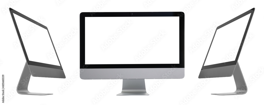 Collage design with computer monitor on white background, different sides Collage design with computer monitor on white background, different sides